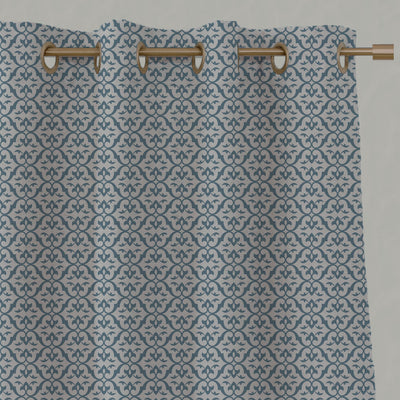 Blue Patterned Linen Eyelet Curtains - Brita True Blue - Natural base fabric.