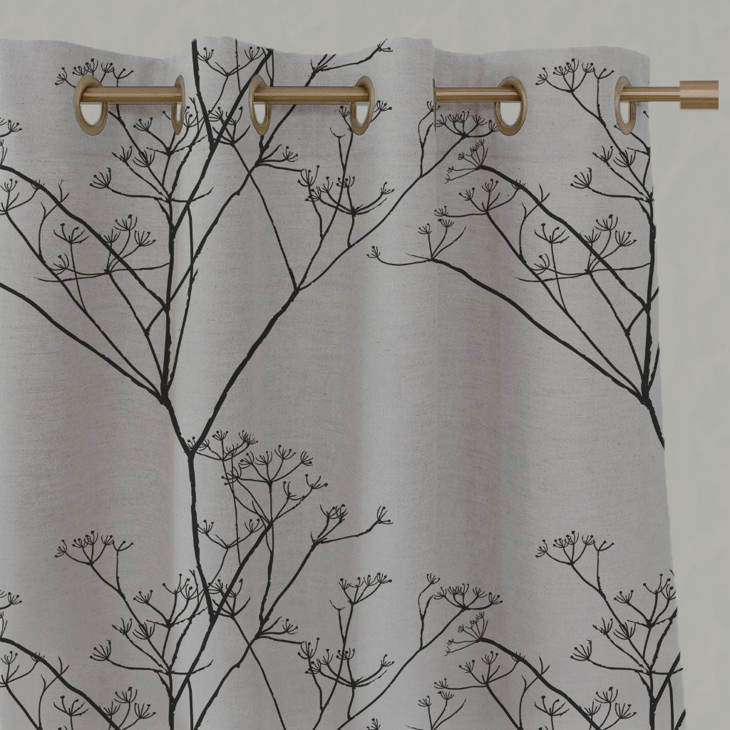 Black Floral Linen Eyelet Curtains - Chervil Black - Natural base fabric.