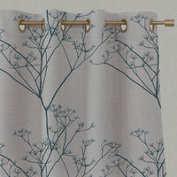 Blue Floral Linen Eyelet Curtains - Chervil Blue Stone - Natural base fabric.