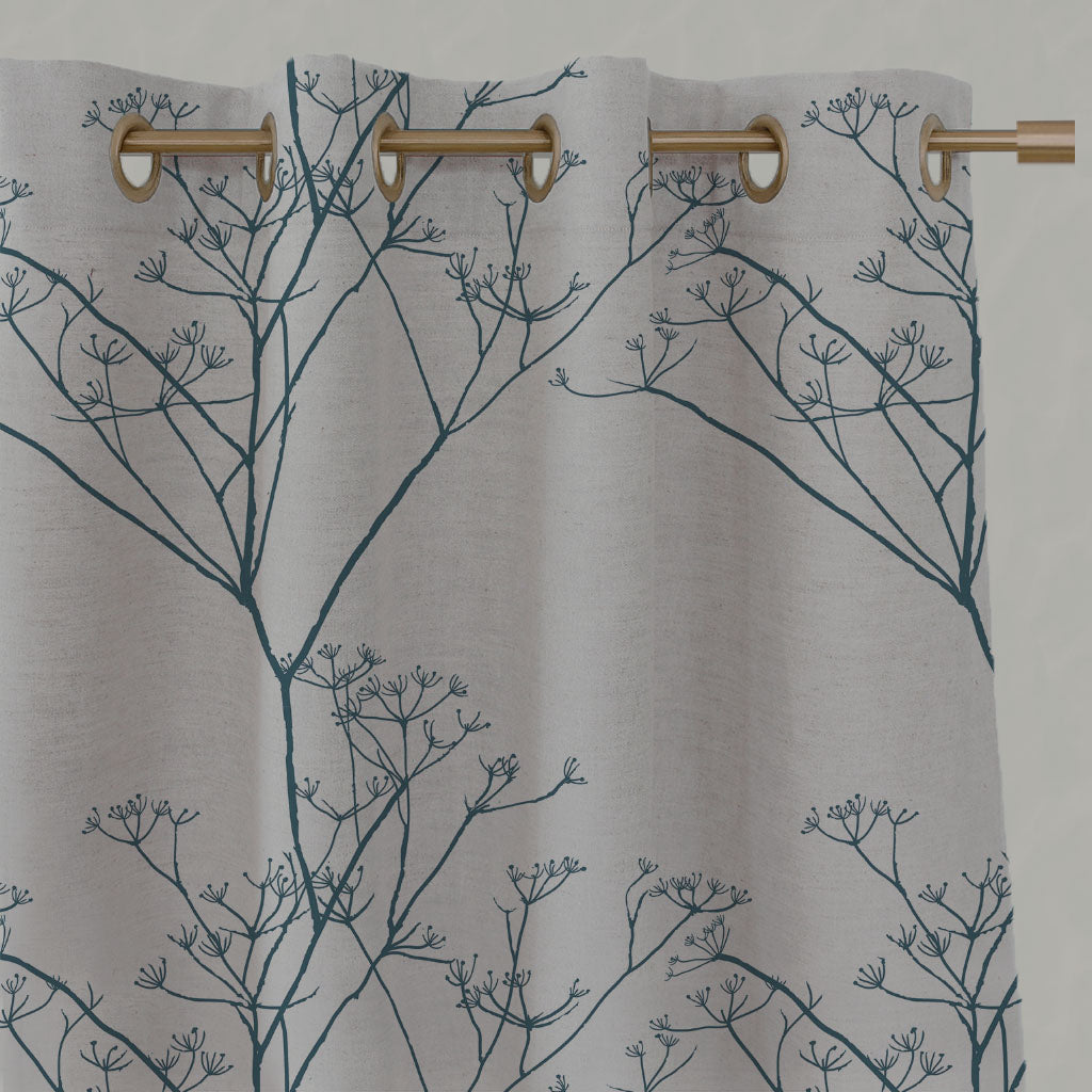 Blue Floral Linen Eyelet Curtains - Chervil Blue Stone - Natural base fabric.