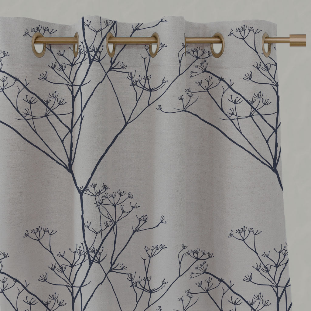 Blue Floral Linen Eyelet Curtains - Chervil Deep Blue - Natural base fabric.