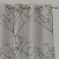 Green Floral Linen Eyelet Curtains - Chervil Sea Weed - Natural base fabric.
