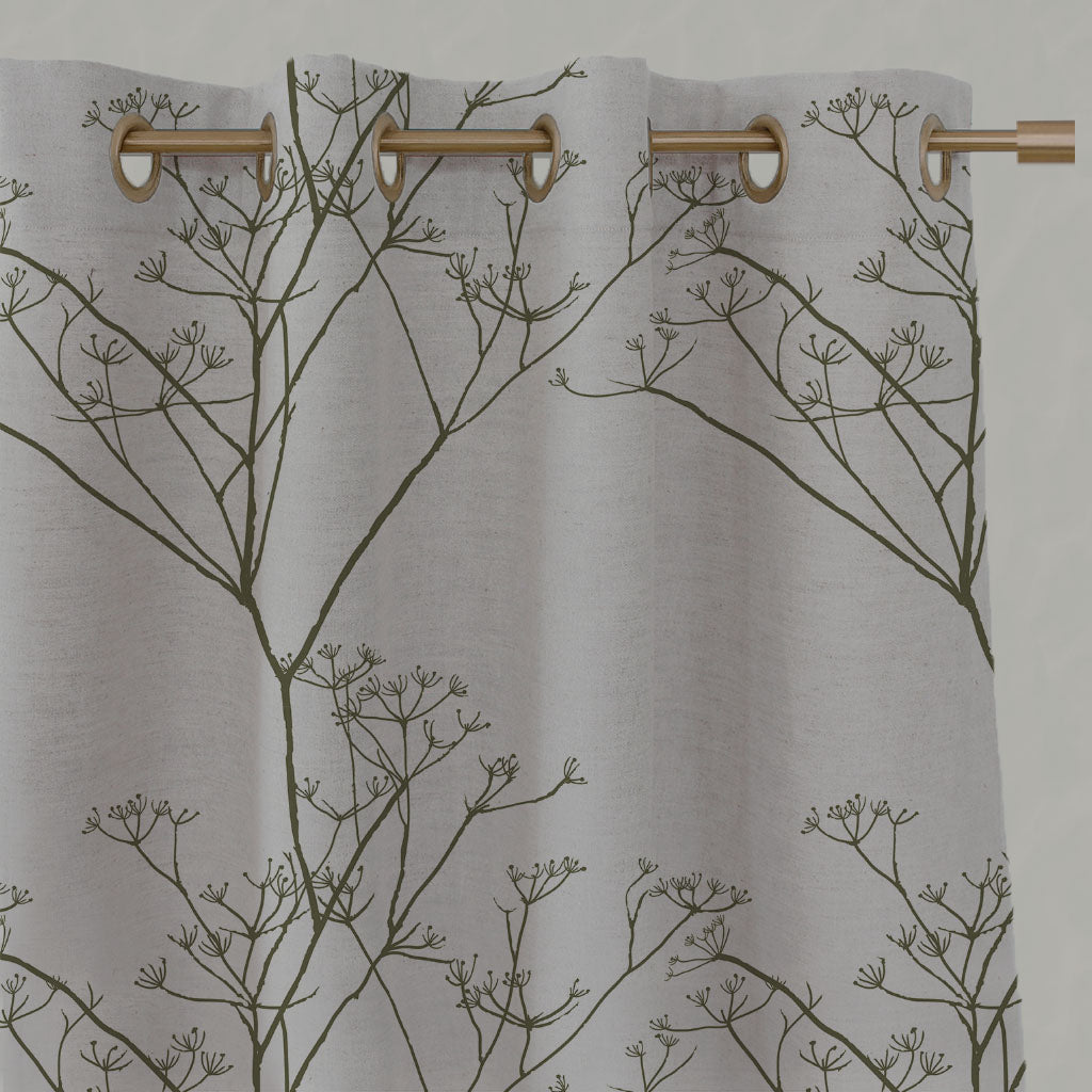 Green Floral Linen Eyelet Curtains - Chervil Sea Weed - Natural base fabric.