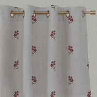 Red Floral Linen Eyelet Curtains - Cree Wine - Natural base fabric.