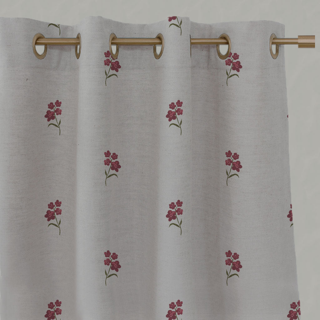 Red Floral Linen Eyelet Curtains - Cree Wine - Natural base fabric.