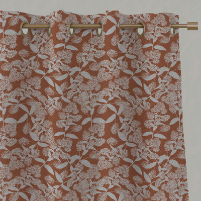 Orange Floral Linen Eyelet Curtains - Dagmar-INV Pumpkin - Natural base fabric.