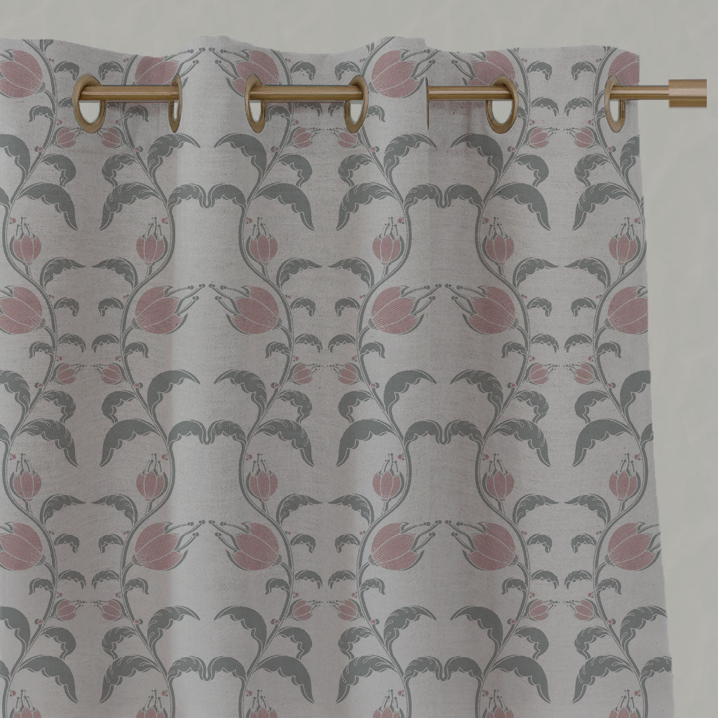 Pink Floral Linen Eyelet Curtains - Dana Dusty Pink - Natural base fabric.