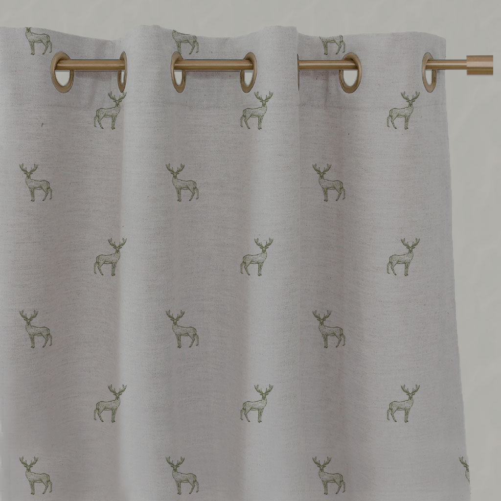 Green Patterned Linen Eyelet Curtains - Deer Khaki - Natural base fabric.
