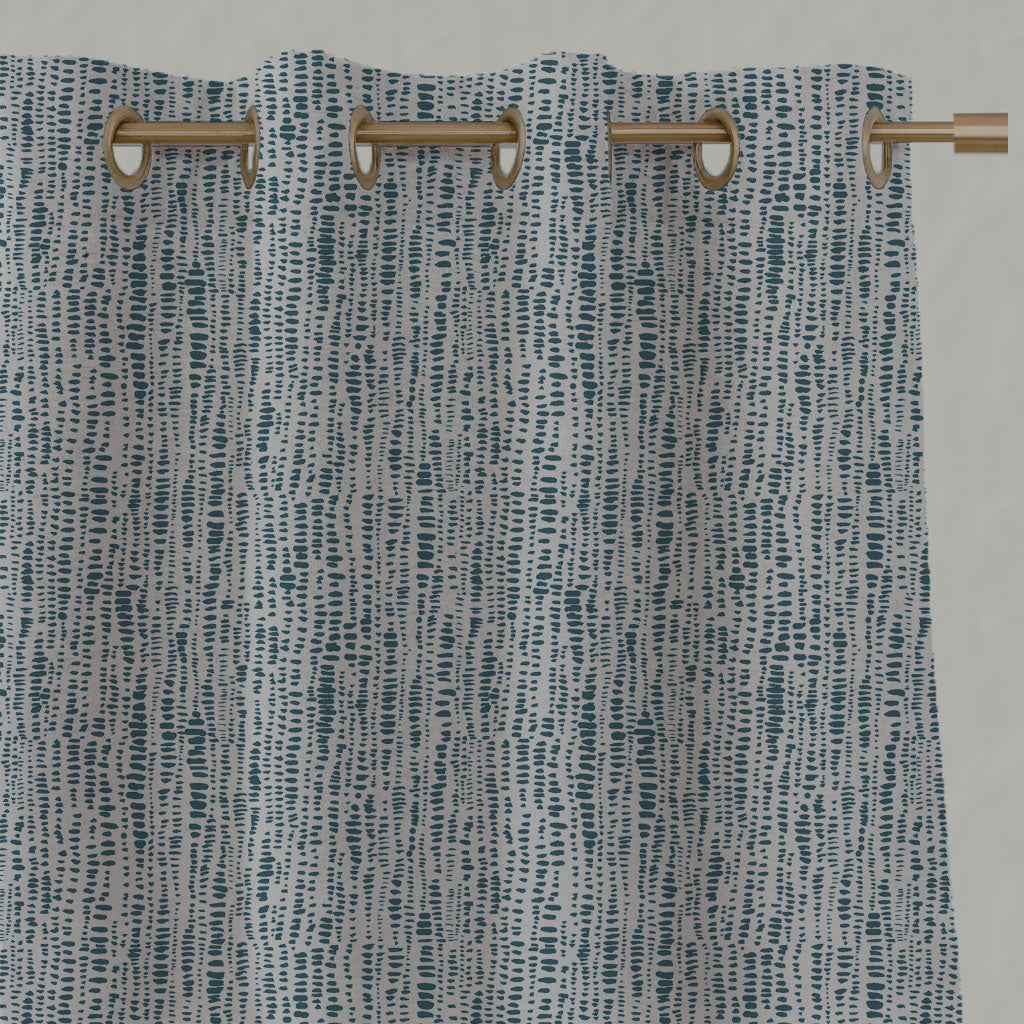 Blue Patterned Linen Eyelet Curtains - Dora Blue Stone - Natural base fabric.