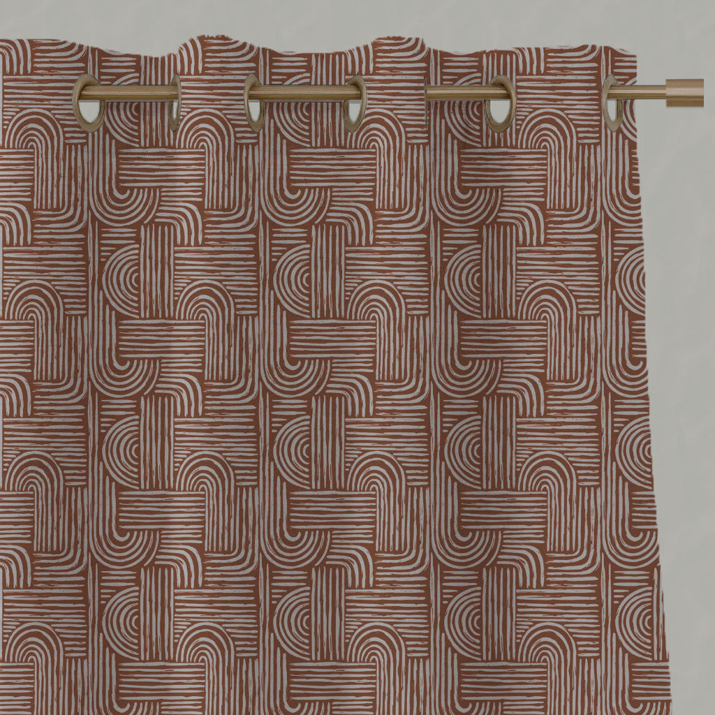 Orange Patterned Linen Eyelet Curtains - Ediva Terracotta - Natural base fabric.