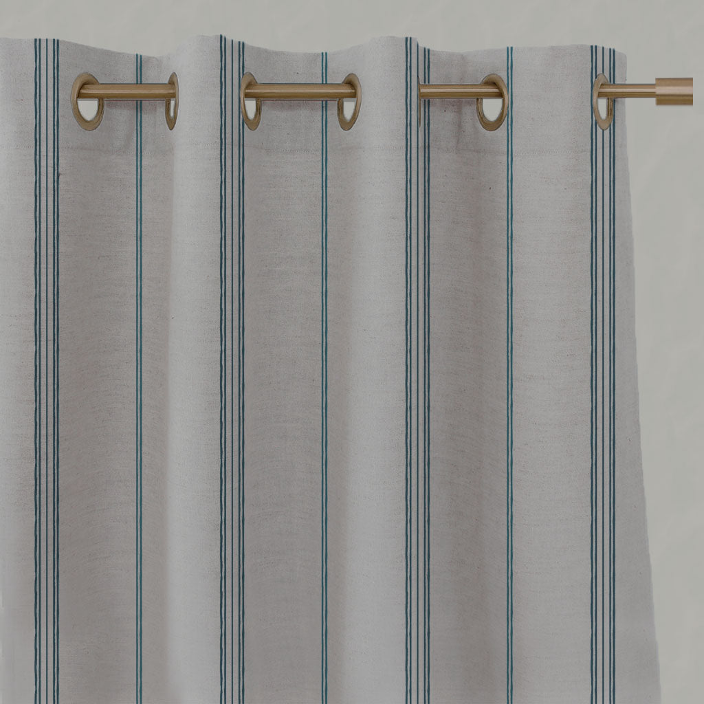 Blue Striped Linen Eyelet Curtains - Elise Blue Stone - Natural base fabric.