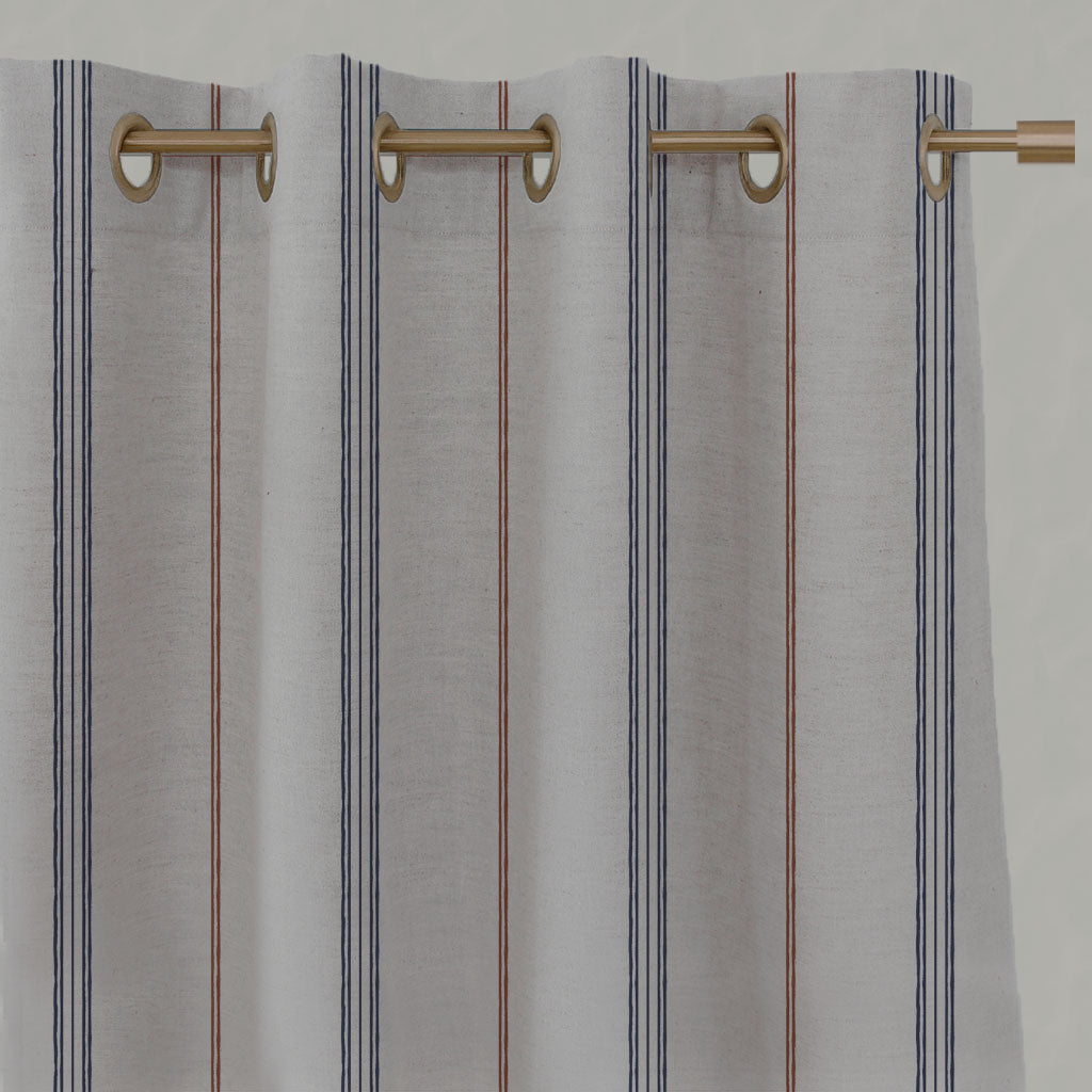 Blue / Orange Striped Linen Eyelet Curtains - Elise Blue Terracotta - Natural base fabric.