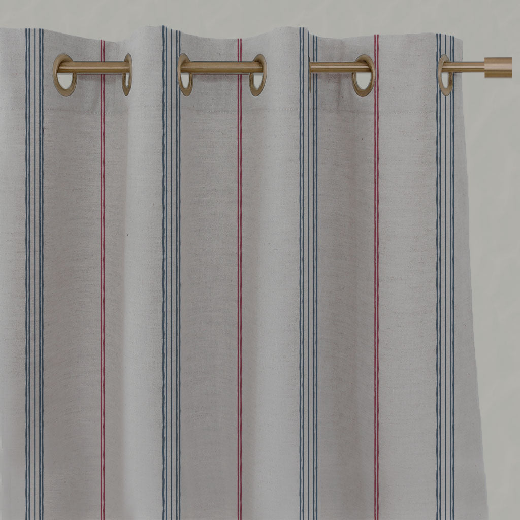 Red / Blue Striped Linen Eyelet Curtains - Elise Denim Cherry - Natural base fabric.