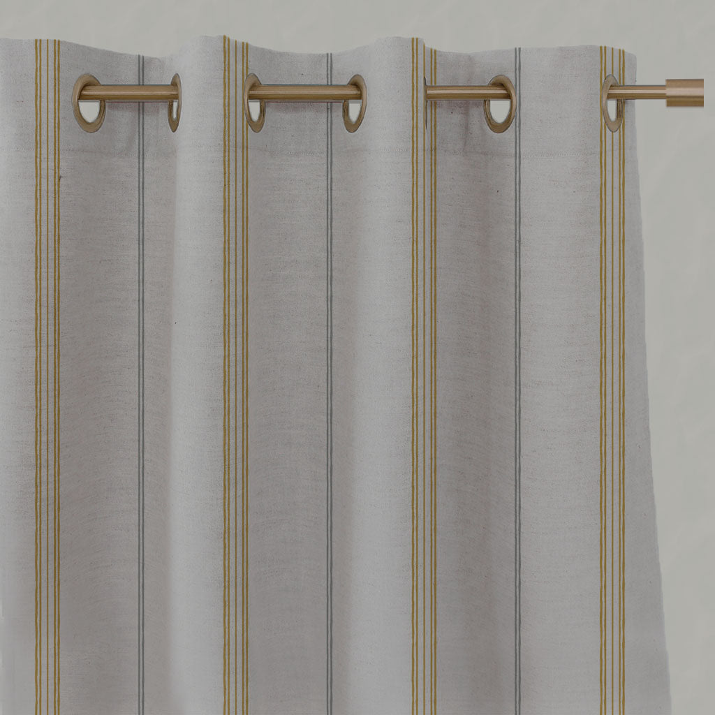 Grey / Yellow Striped Linen Eyelet Curtains - Elise Mustard - Natural base fabric.