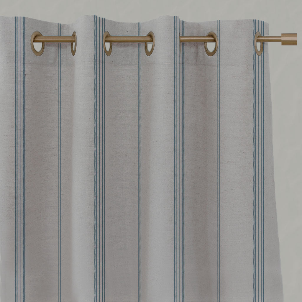Blue Striped Linen Eyelet Curtains - Elise True Blue - Natural base fabric.