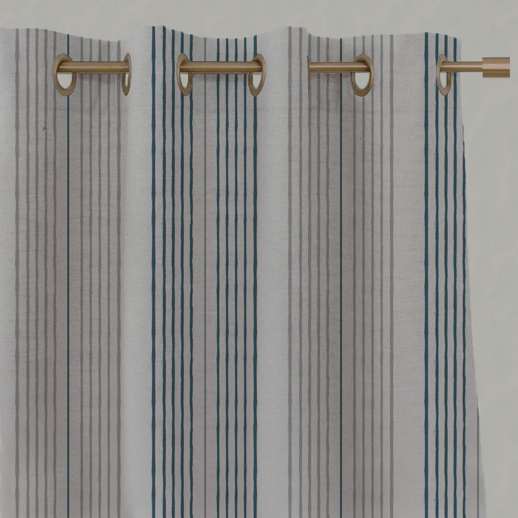 Blue Striped Linen Eyelet Curtains - Else Blue Stone - Natural base fabric.