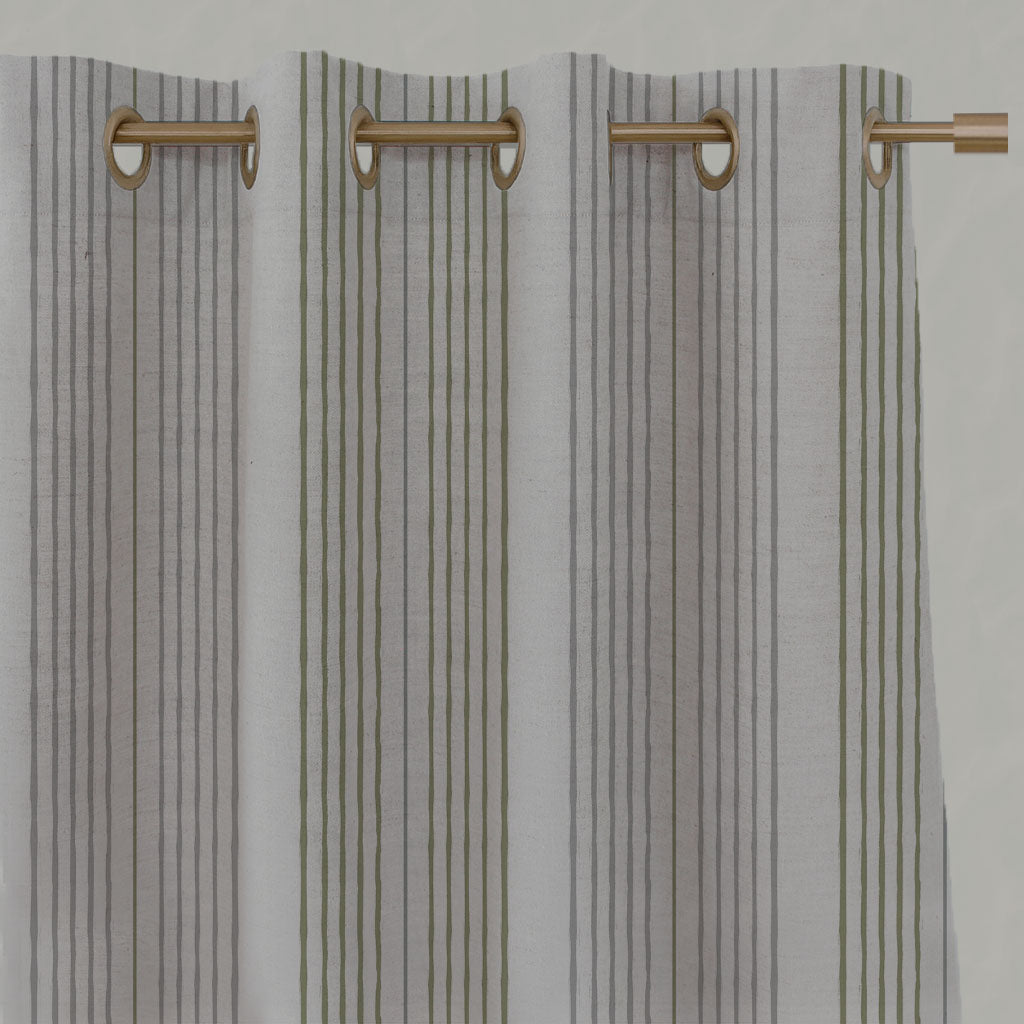 Green Striped Linen Eyelet Curtains - Else Olive - Natural base fabric.
