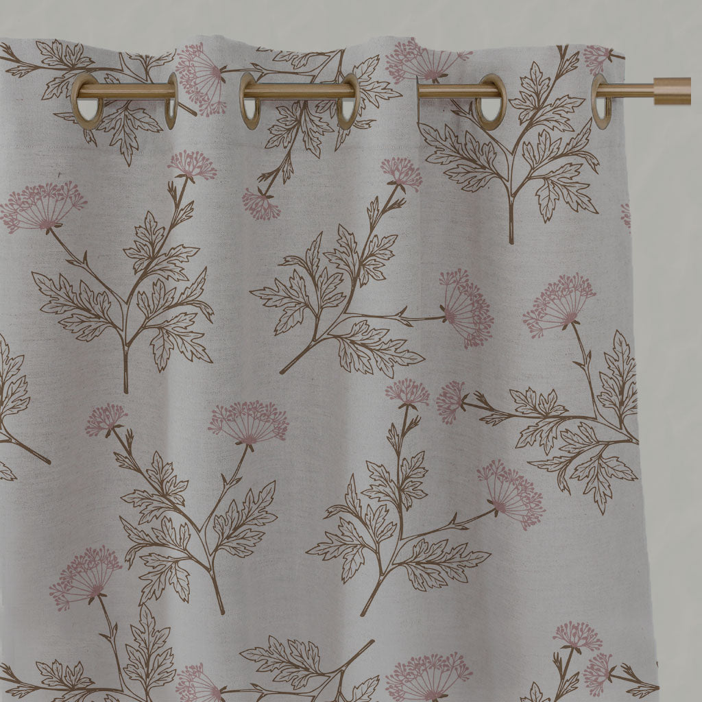 Pink / Brown Botanical Linen Eyelet Curtains - Emmy Dusty Pink - Natural base fabric.
