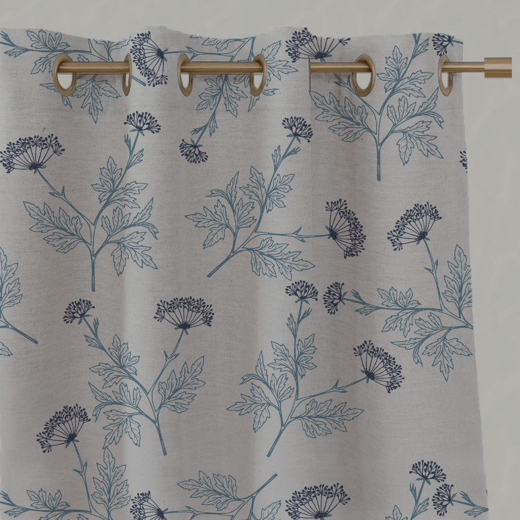 Blue Botanical Linen Eyelet Curtains - Emmy True Blue - Natural base fabric.