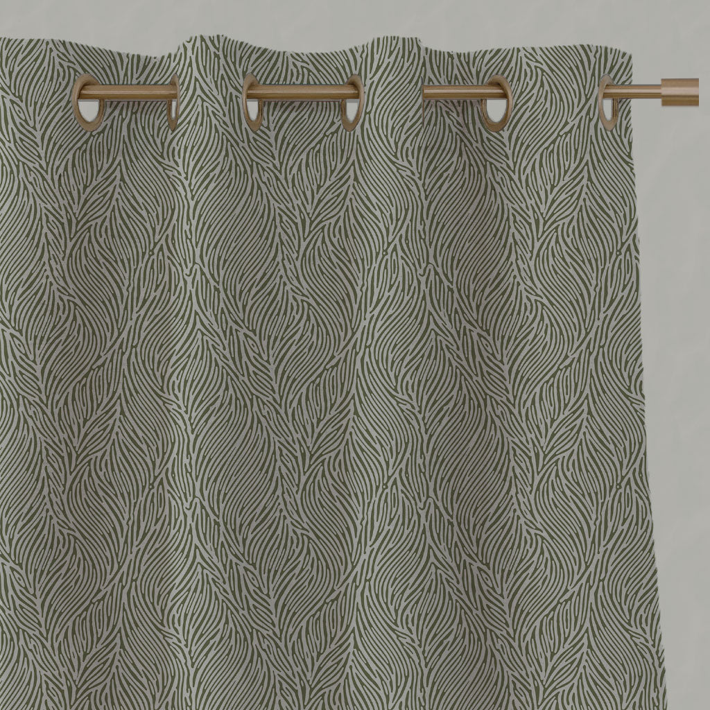 Green Botanical Linen Eyelet Curtains - Erica Khaki - Natural base fabric.