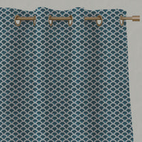 Blue Patterned Linen Eyelet Curtains - Erle Blue Stone - Natural base fabric.