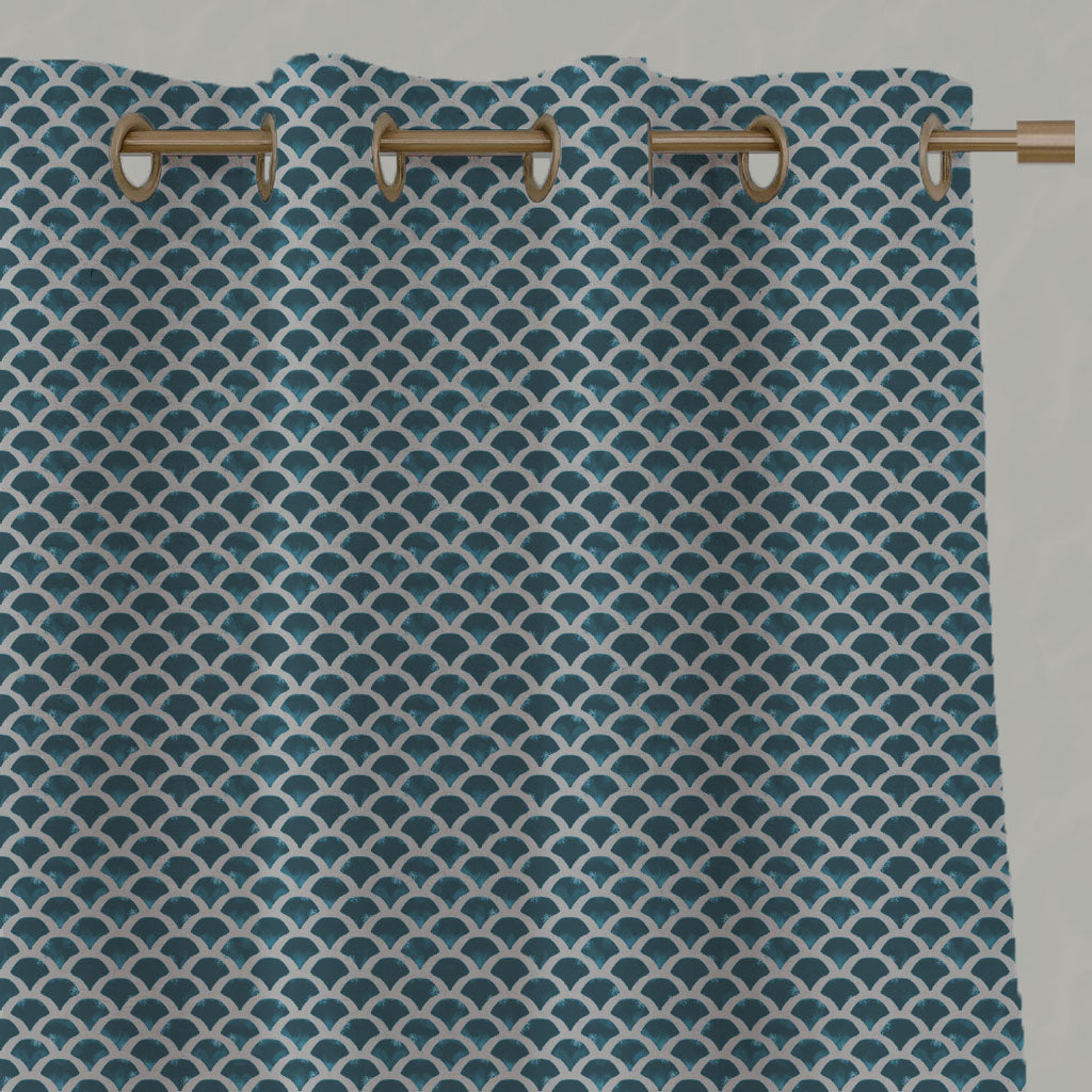 Blue Patterned Linen Eyelet Curtains - Erle Blue Stone - Natural base fabric.