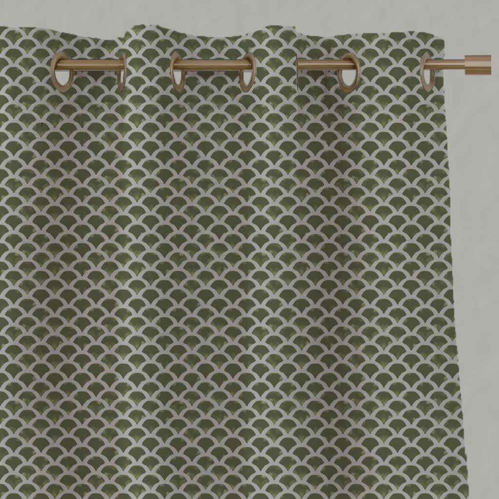 Green Patterned Linen Eyelet Curtains - Erle Khaki - Natural base fabric.