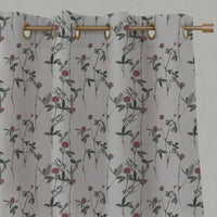 Red Floral Linen Eyelet Curtains - Esther Cherry - Natural base fabric.