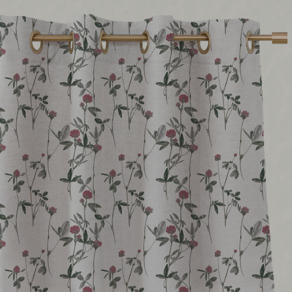 Red Floral Linen Eyelet Curtains - Esther Cherry - Natural base fabric.