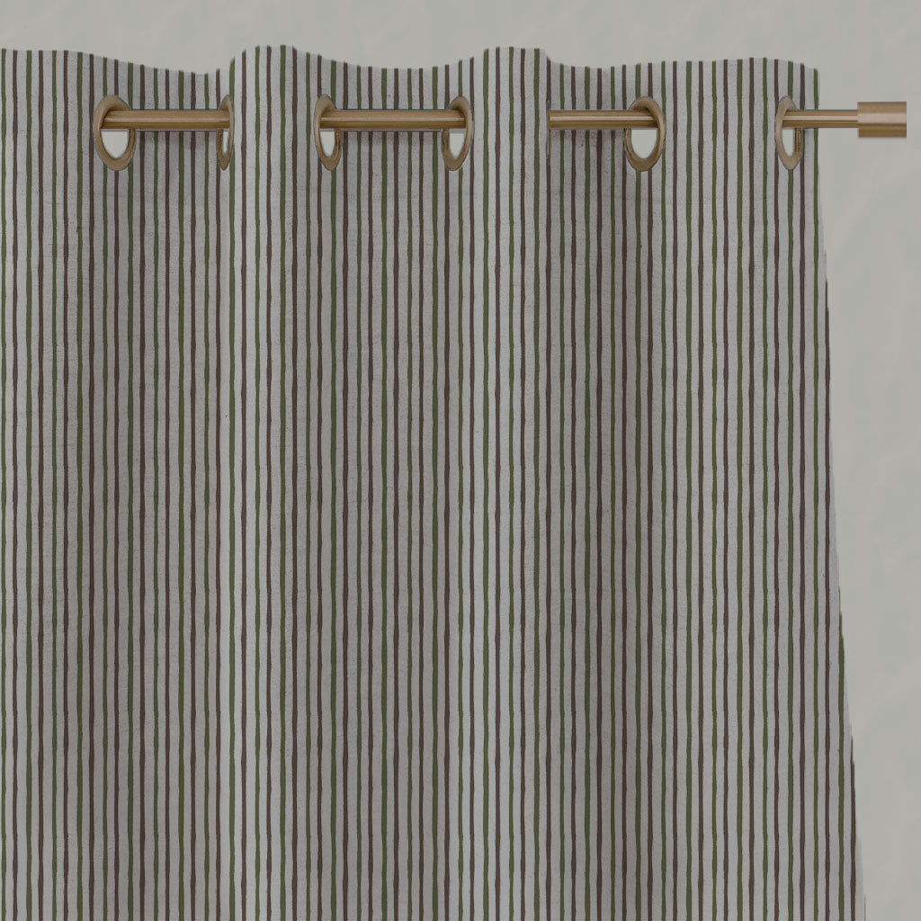 Green / Brown Striped Linen Eyelet Curtains - Evelina Khaki - Natural base fabric.