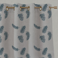 Blue Patterned Linen Eyelet Curtains - Feathers Blue Stone - Natural base fabric.