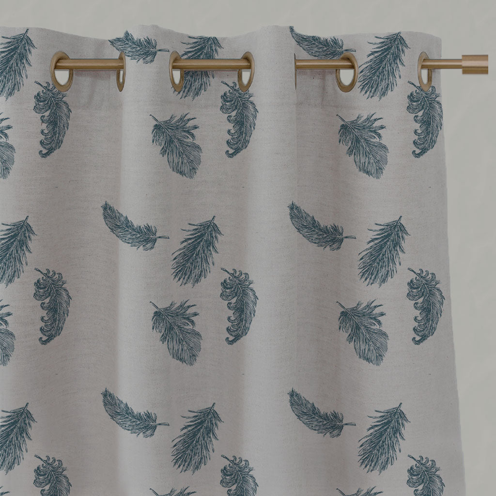 Blue Patterned Linen Eyelet Curtains - Feathers Blue Stone - Natural base fabric.