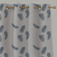 Blue Patterned Linen Eyelet Curtains - Feathers Denim - Natural base fabric.