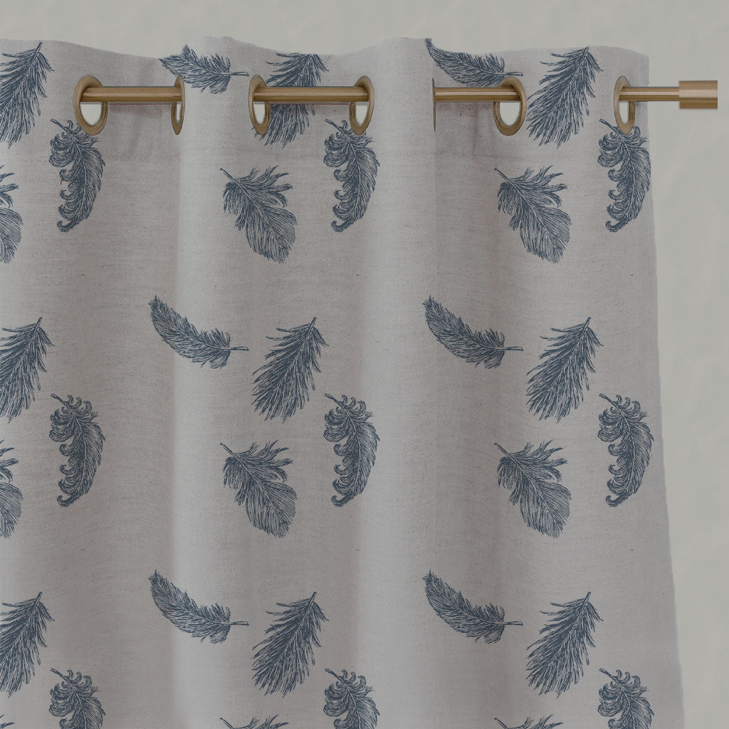 Blue Patterned Linen Eyelet Curtains - Feathers Denim - Natural base fabric.