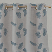 Blue Patterned Linen Eyelet Curtains - Feathers True Blue - Natural base fabric.