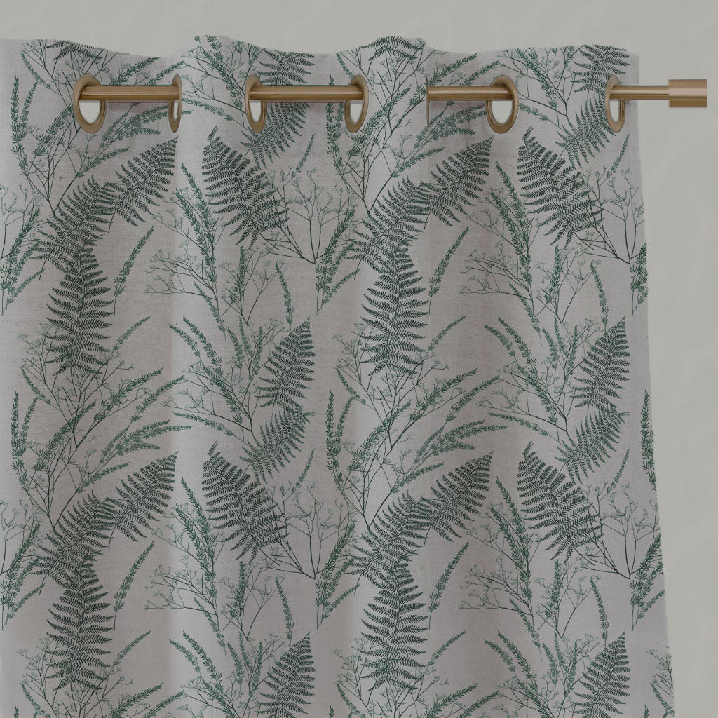 Green Botanical Linen Eyelet Curtains - Fernia Dark Pine - Natural base fabric.