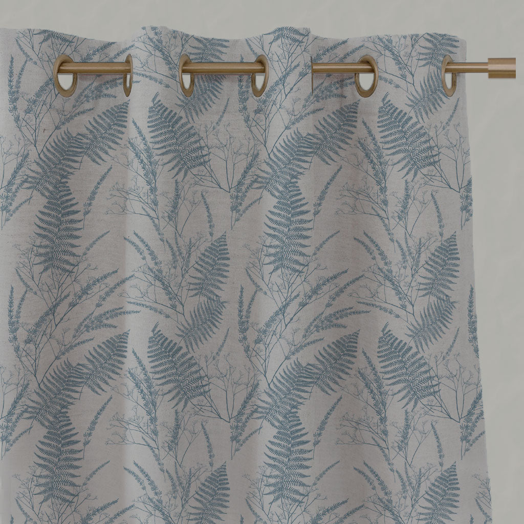 Blue Botanical Linen Eyelet Curtains - Fernia True Blue - Natural base fabric.