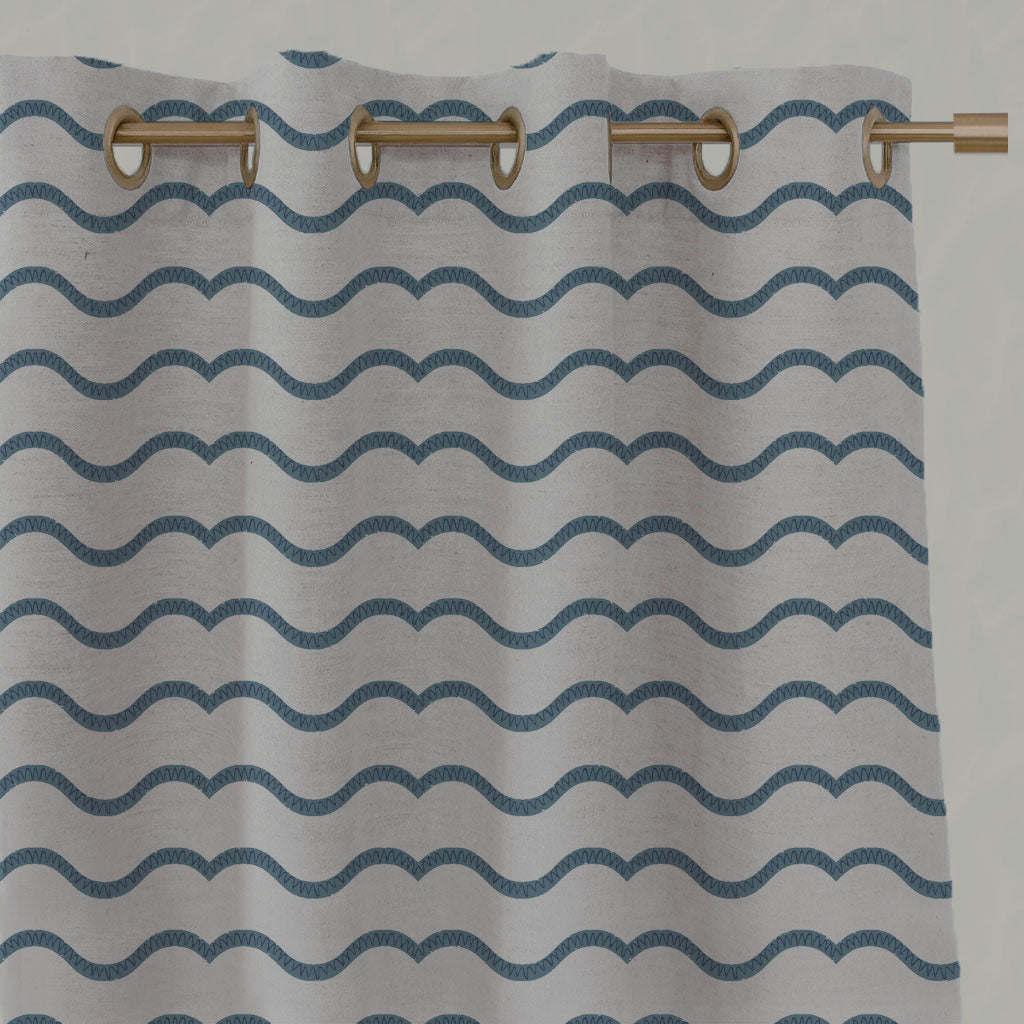Blue Patterned Linen Eyelet Curtains - Fiorella Blue - Natural base fabric.