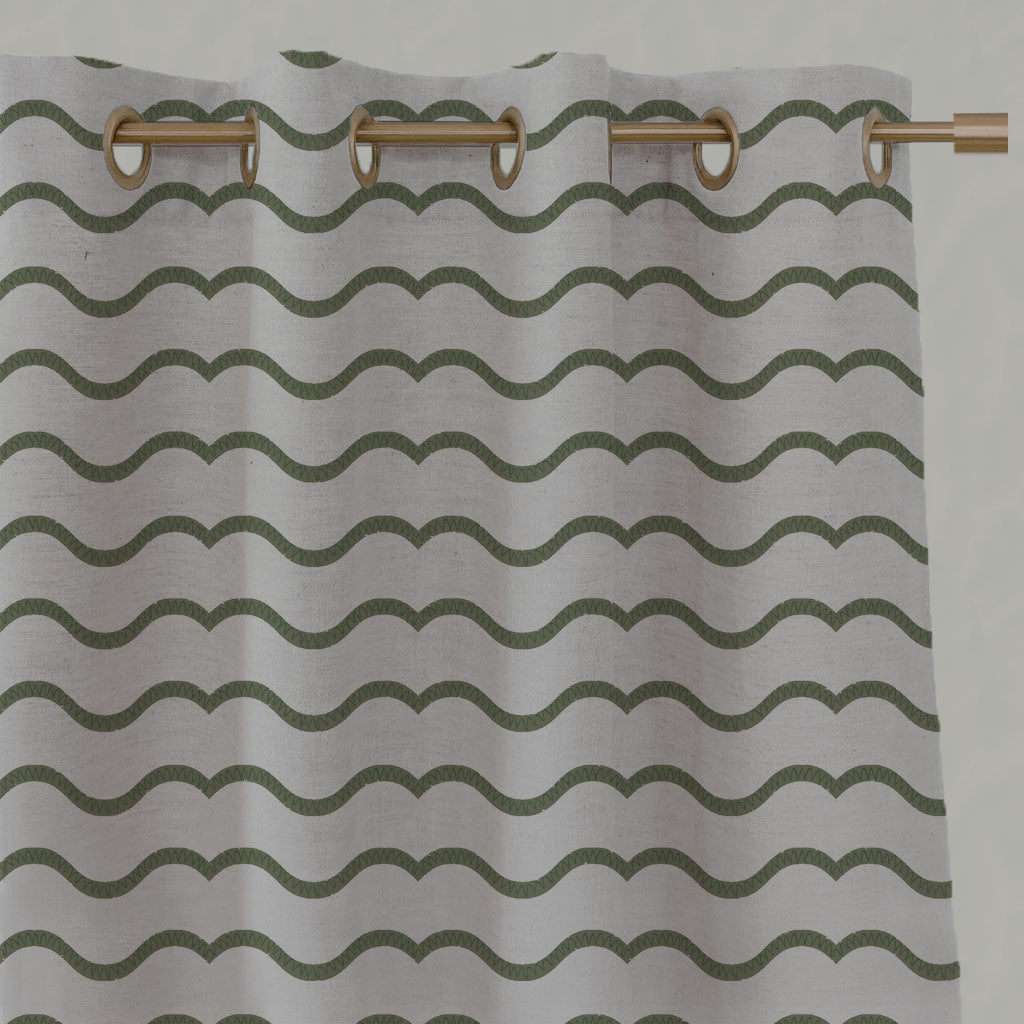 Green Patterned Linen Eyelet Curtains - Fiorella Moss - Natural base fabric.
