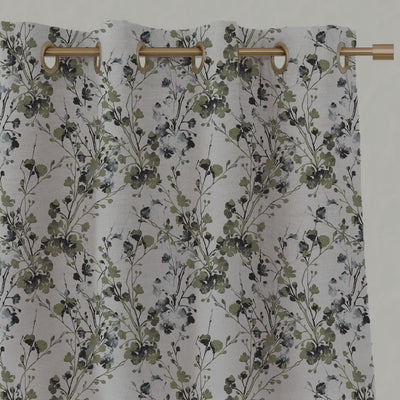 Green Floral Linen Eyelet Curtains - FlowerBliss Olive - Natural base fabric.