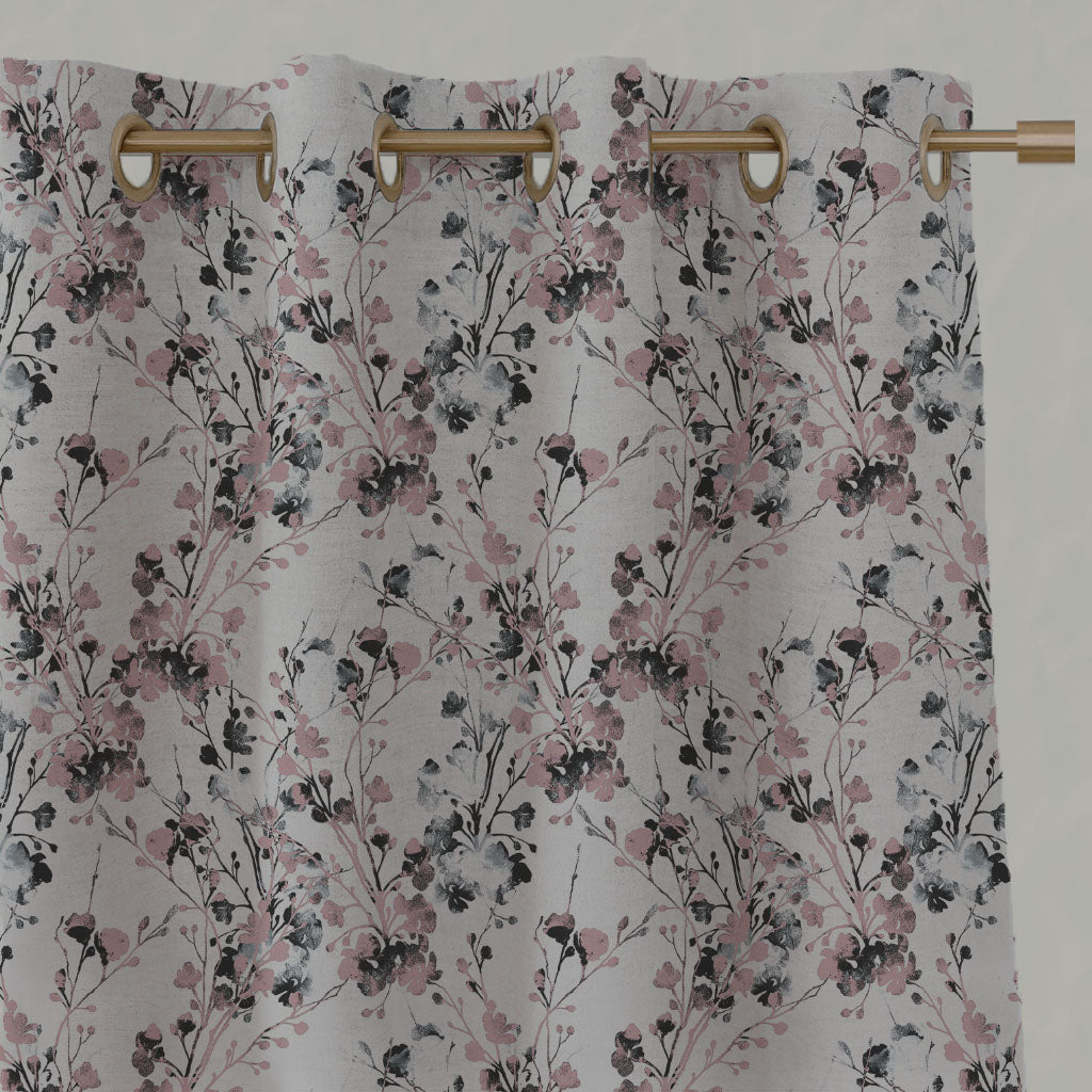 Pink Floral Linen Eyelet Curtains - FlowerBliss Powder Rose - Natural base fabric.