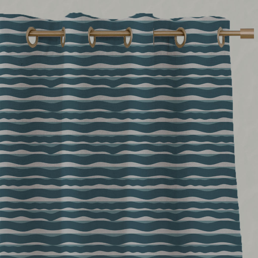 Blue Patterned Linen Eyelet Curtains - Fransibella Blue Stone-NAT - Natural base fabric.