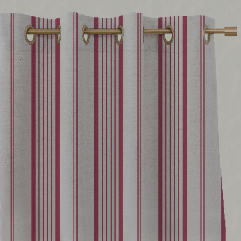 Red Striped Linen Eyelet Curtains - Freja Cherry - Natural base fabric.