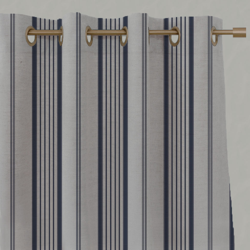 Blue Striped Linen Eyelet Curtains - Freja Deep Blue - Natural base fabric.