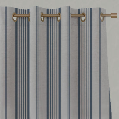 Blue Striped Linen Eyelet Curtains - Freja Denim - Natural base fabric.