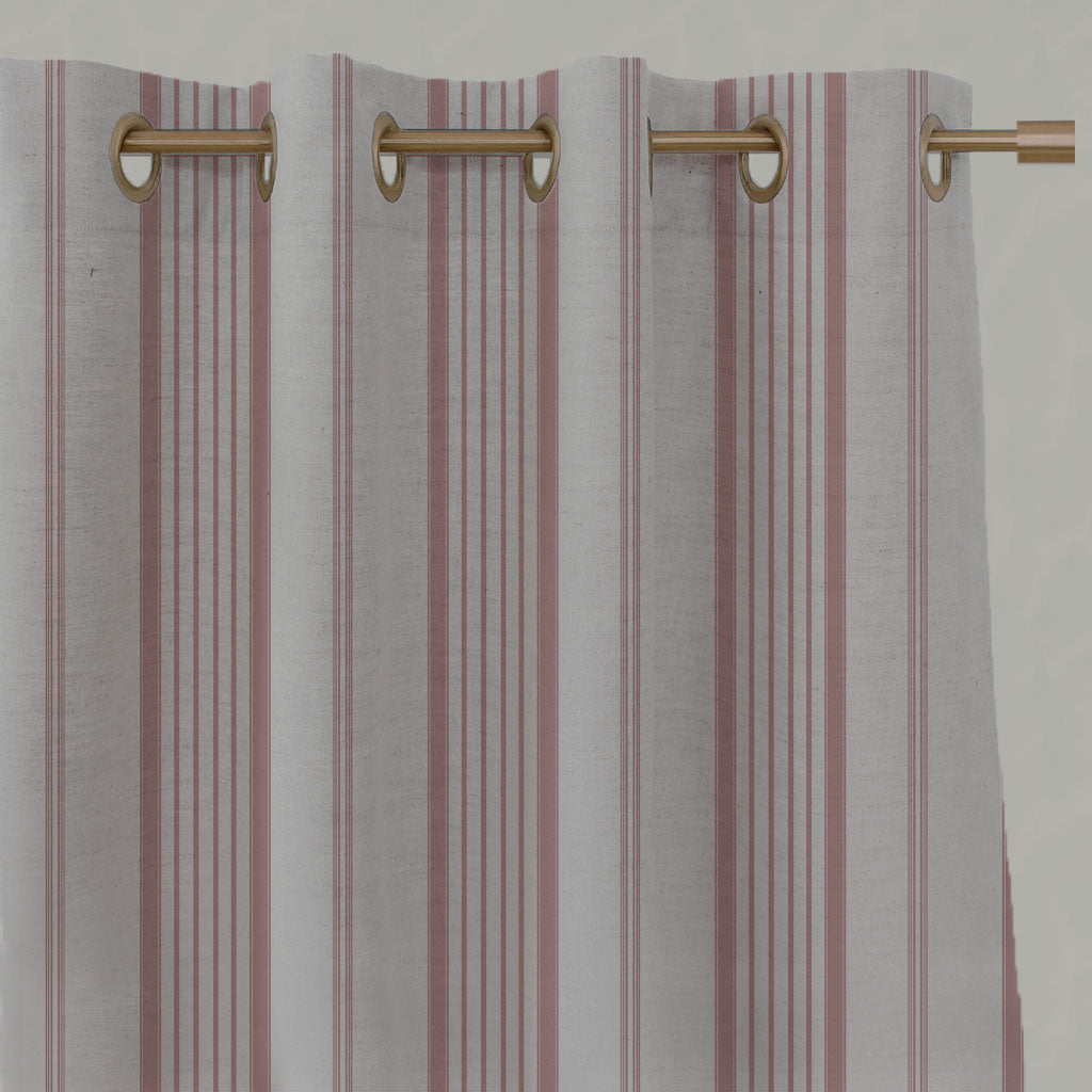 Pink Striped Linen Eyelet Curtains - Freja Dusty Pink - Natural base fabric.