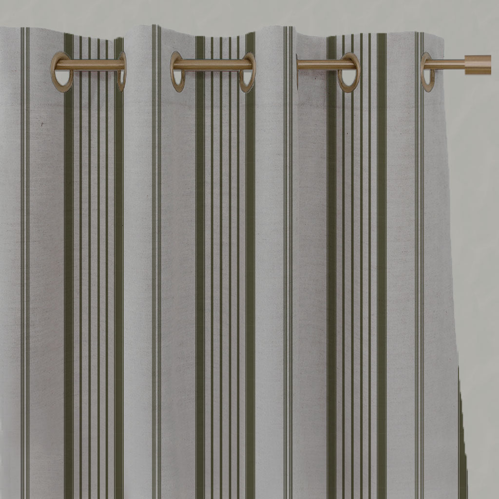 Green Striped Linen Eyelet Curtains - Freja Seaweed - Natural base fabric.