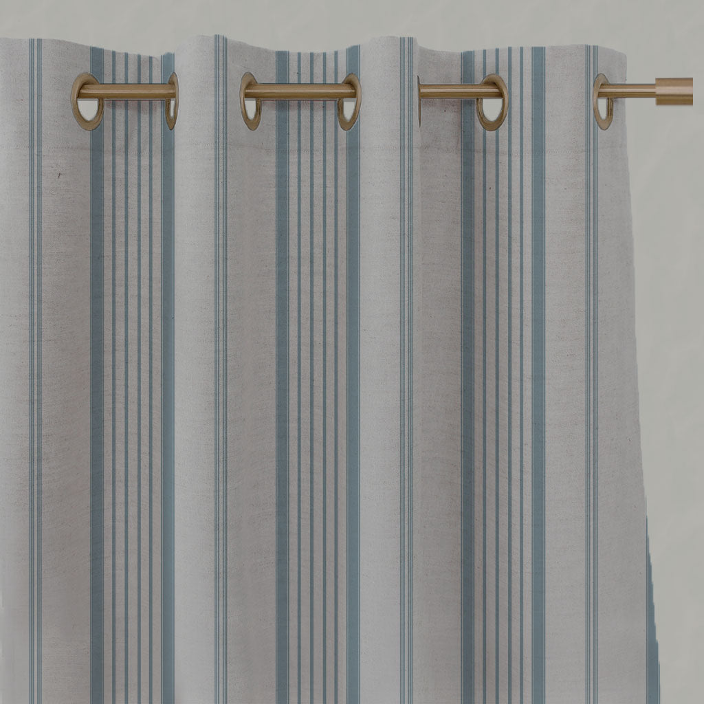Blue Striped Linen Eyelet Curtains - Freja Sky - Natural base fabric.