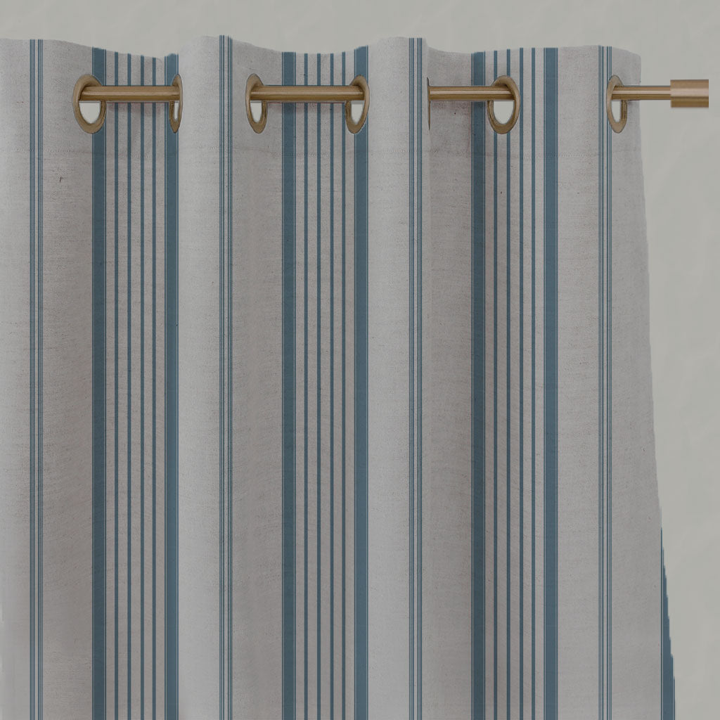 Blue Striped Linen Eyelet Curtains - Freja True Blue - Natural base fabric.
