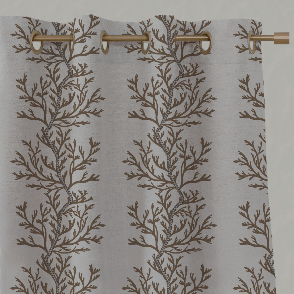 Brown Botanical Linen Eyelet Curtains - Galilea Sand-NAT - Natural base fabric.